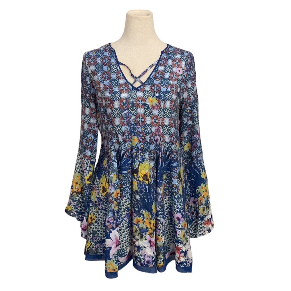 Umgee babydoll mini dress floral criss cross neck bell sleeve blue multi color